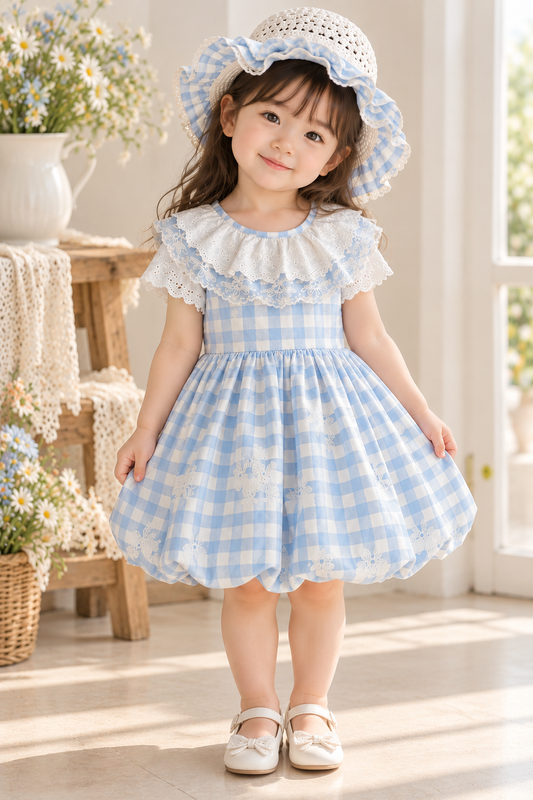Blue Checkered Dress with Hat