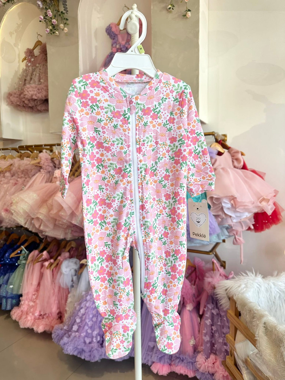Pekkle Footed Frogsuits in Floral Pink