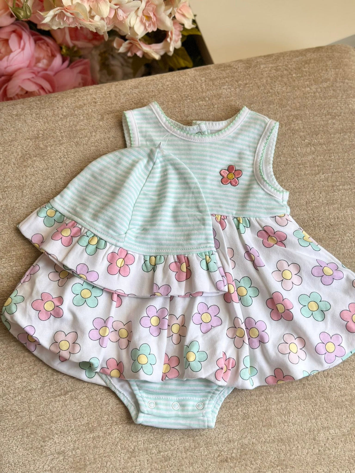 Little Me Green with Flowers Balloon Dress