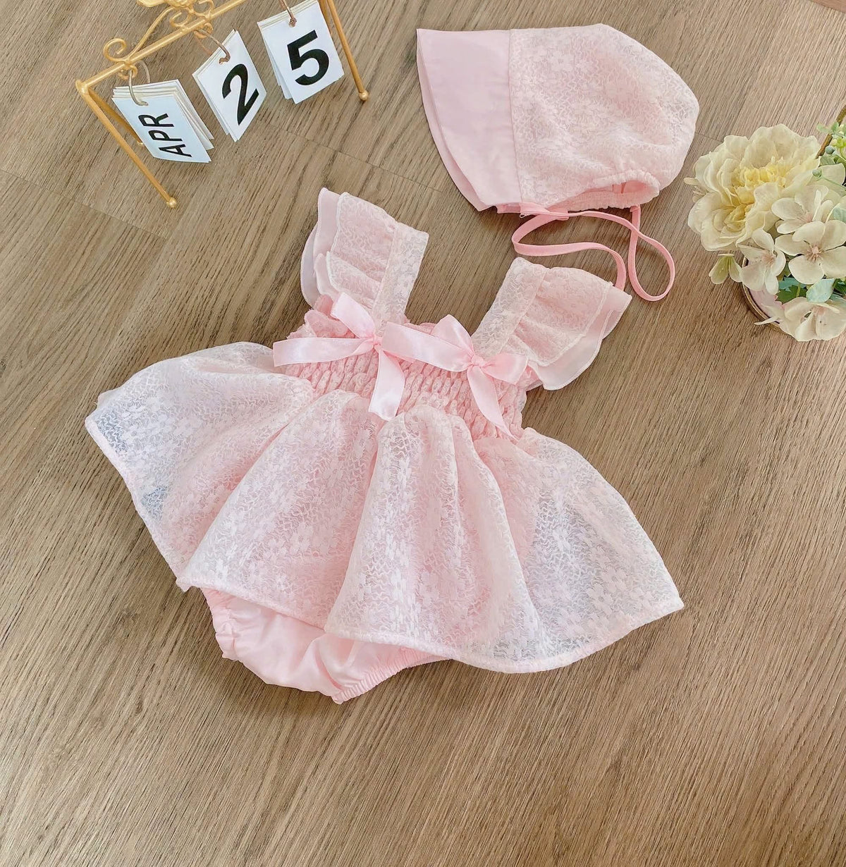 Pink Ribbon Dainty Dress with Hat