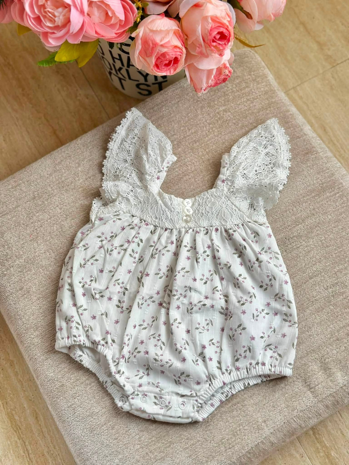 White with Violet Flower Romper