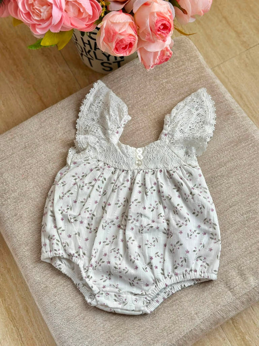 White with Violet Flower Romper