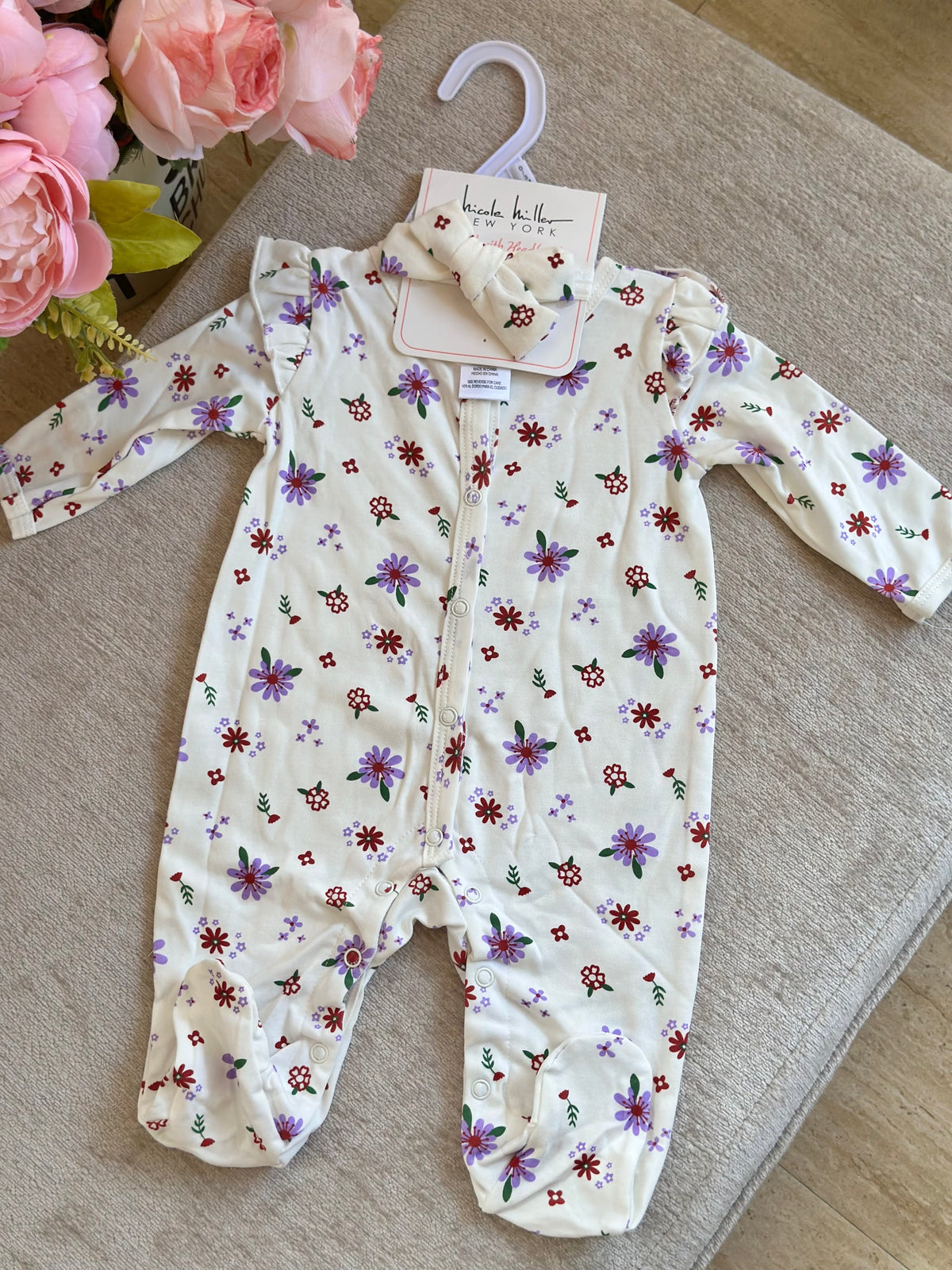 Nicole Miller Frogsuit with Headband “Purple Flowers”