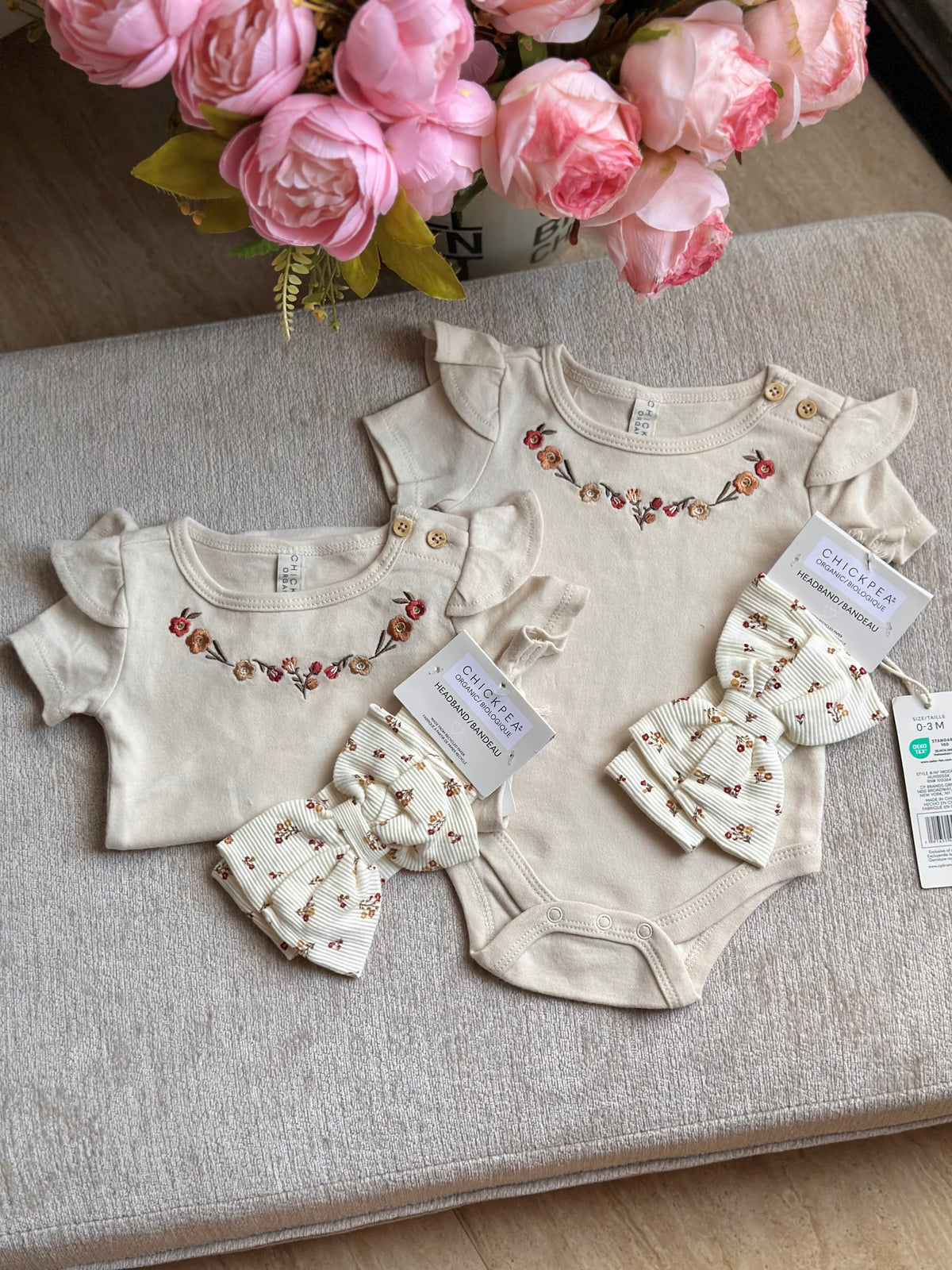 Chickpea Embroidered Flowers Onesie with Headband
