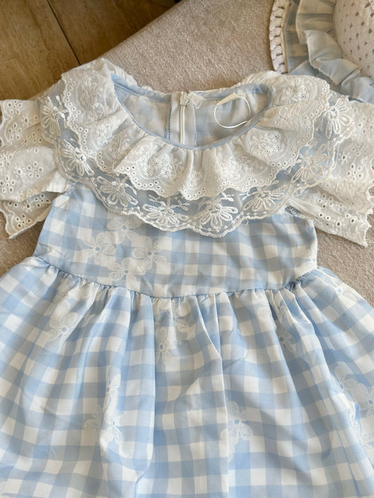 Blue Checkered Dress with Hat