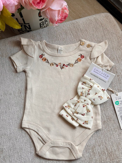 Chickpea Embroidered Flowers Onesie with Headband