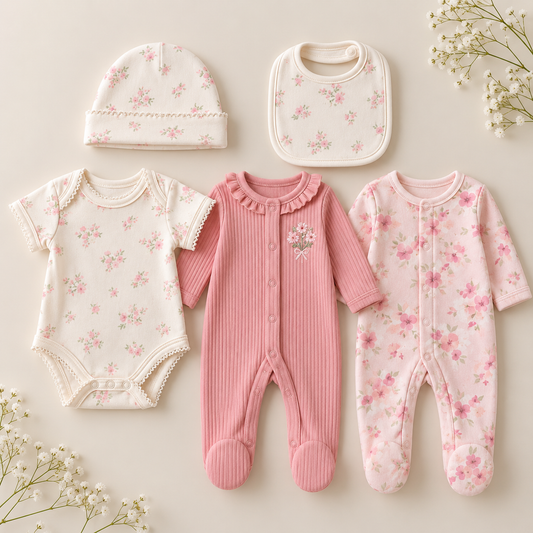 5pc Infant Set in Floral Pink