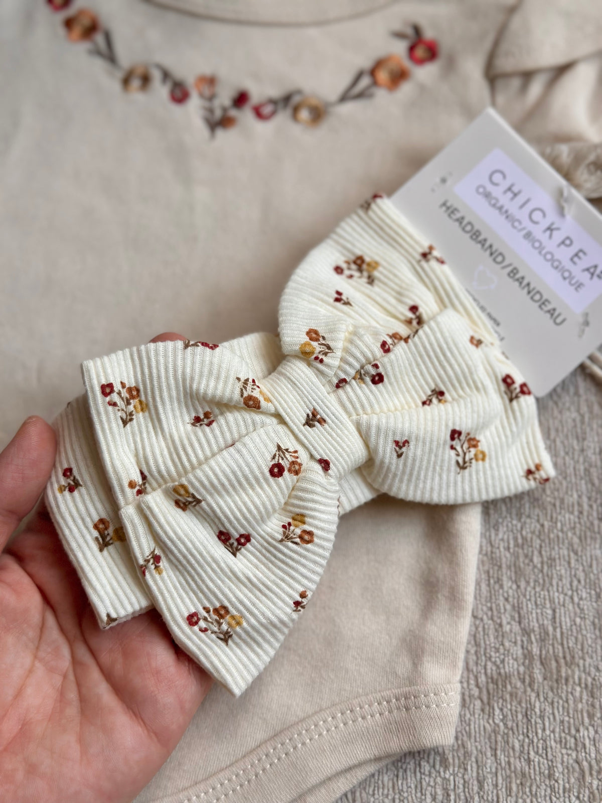 Chickpea Embroidered Flowers Onesie with Headband