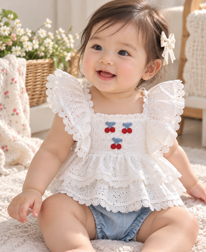 White with Cherry RZ Eyelet Summer Tops