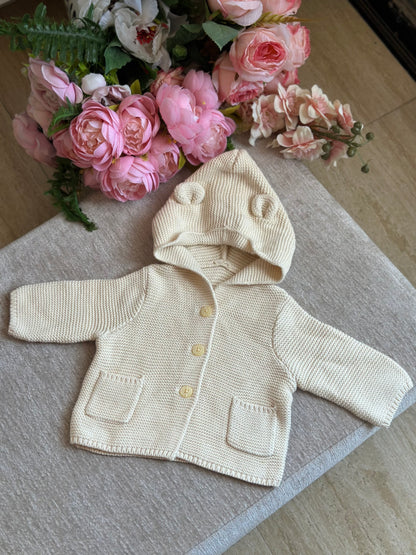 Hooded Knitted Jacket with Pockets-Cream