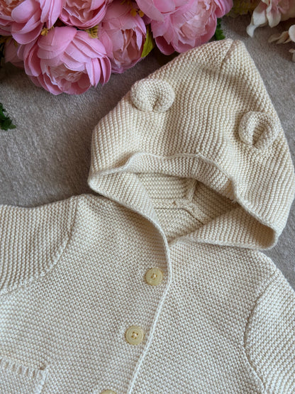 Hooded Knitted Jacket with Pockets-Cream