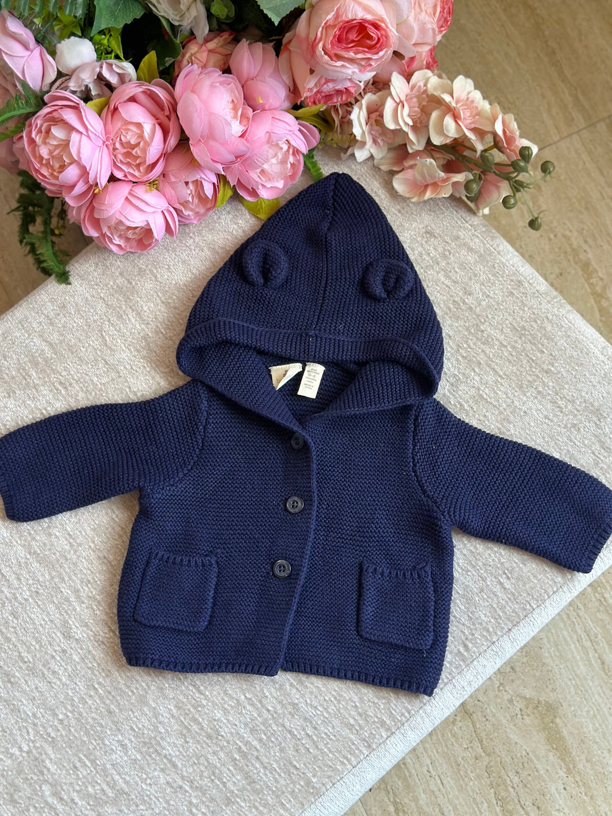 Hooded Knitted Jacket with Pockets- Navy Blue