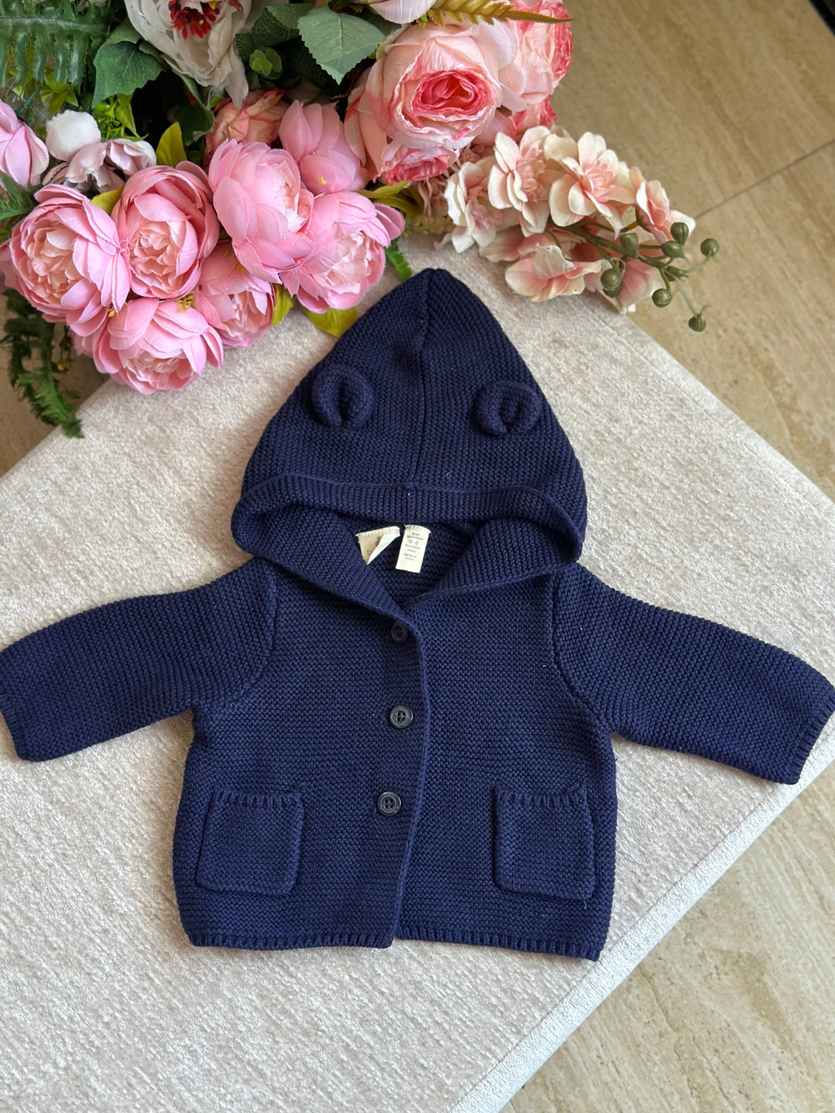 Hooded Knitted Jacket with Pockets- Navy Blue
