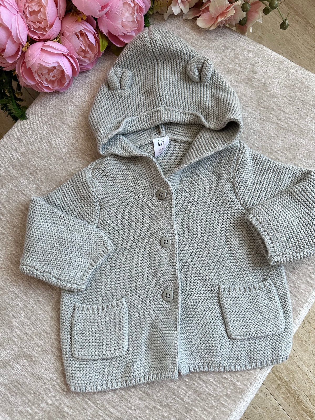 Hooded Knitted Jacket with Pockets- Gray
