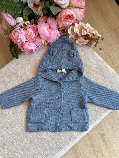 Hooded Knitted Jacket with Pockets- Blue