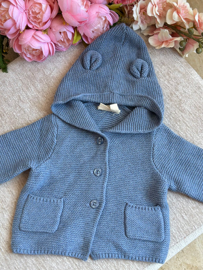 Hooded Knitted Jacket with Pockets- Blue