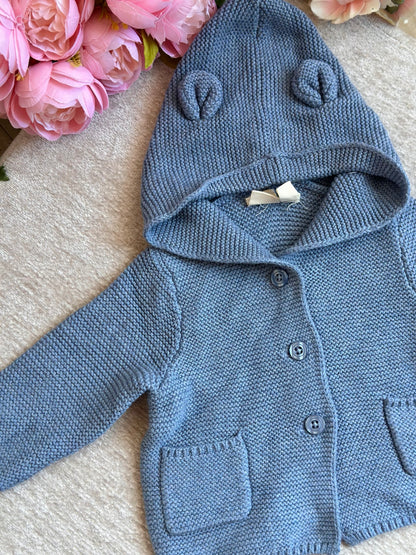 Hooded Knitted Jacket with Pockets- Blue